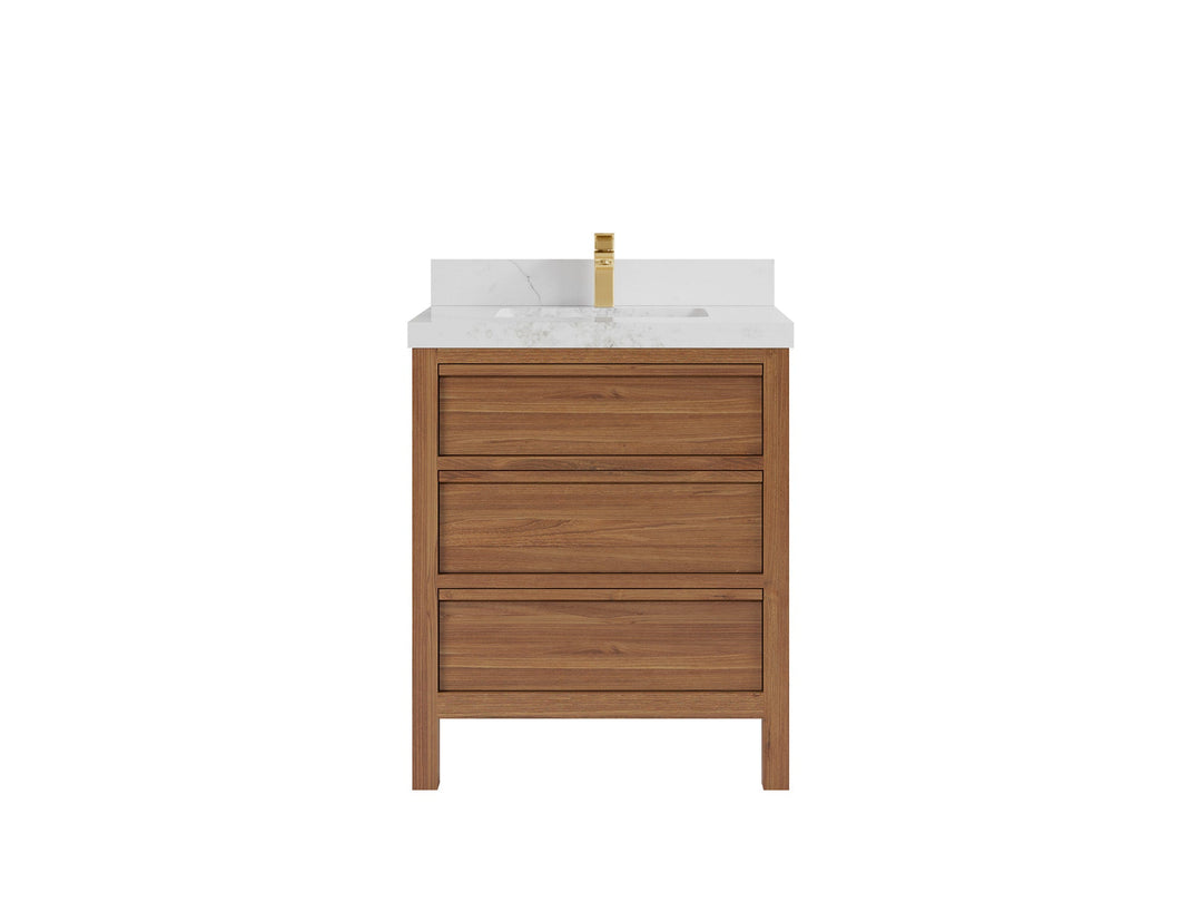 Elizabeth Teak 30 in. W x 22 in. D Single Sink Bathroom Vanity in Dark Natural with 2 in Calacatta Poanazzo Quartz Countertop