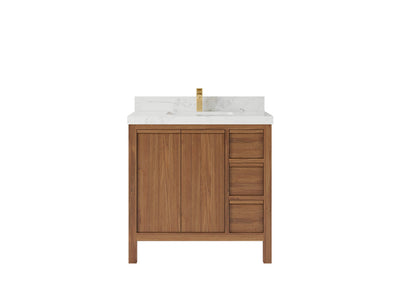 Elizabeth Teak 36 Left Offset in. W x 22 in. D Center Sink Bathroom Vanity in Dark Natural with 2 in Calacatta Nuvo Quartz Countertop