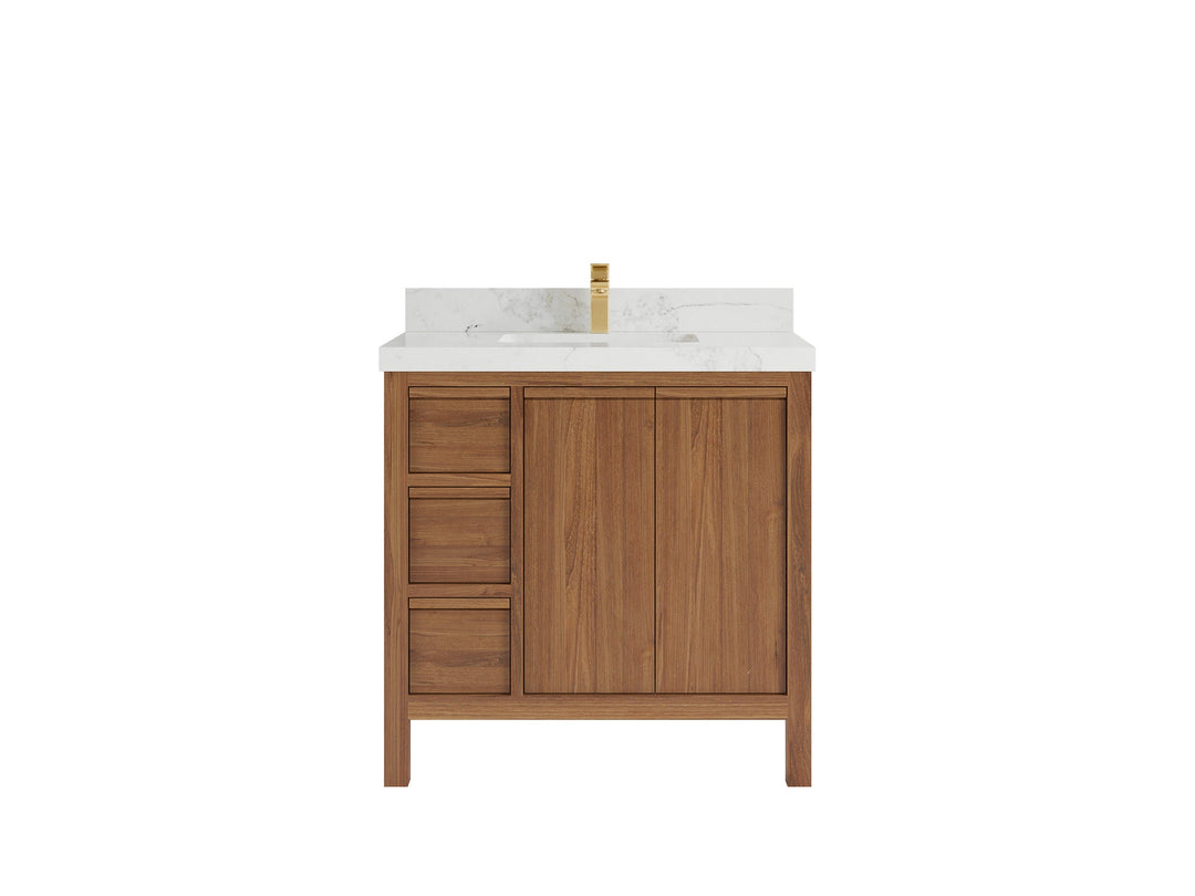 Elizabeth Teak 36 Right Offset in. W x 22 in. D Center Sink Bathroom Vanity in Dark Natural with 2 in Calacatta Nuvo Quartz Countertop