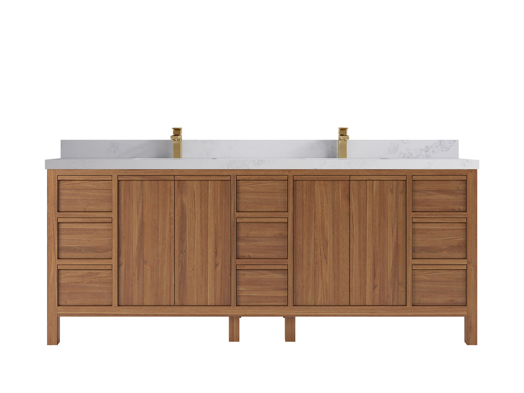 Elizabeth Teak 84 in. W x 22 in. D Double Sink Bathroom Vanity in Dark Natural with 2 in Calacatta Nuvo Quartz Countertop
