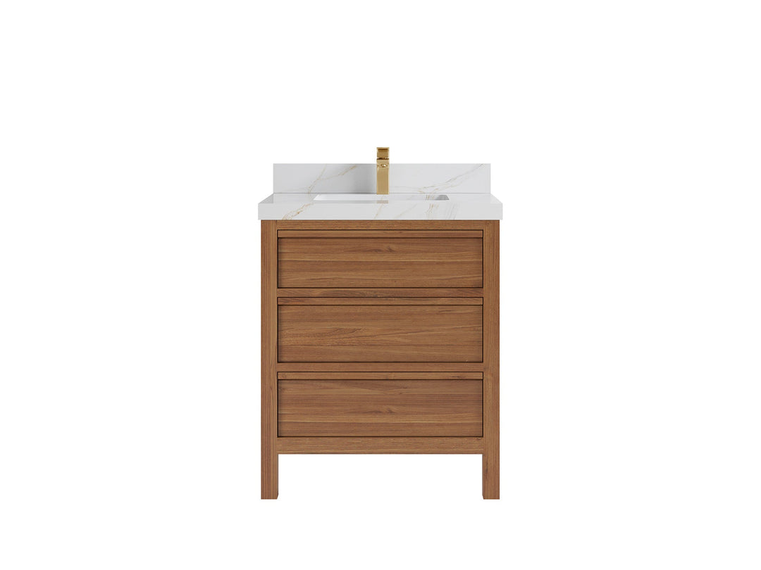 Elizabeth Teak 30 in. W x 22 in. D Single Sink Bathroom Vanity in Dark Natural with 2 in Calacatta Sienna Quartz Countertop