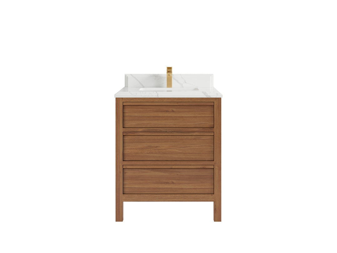 Elizabeth Teak 30 in. W x 22 in. D Single Sink Bathroom Vanity in Dark Natural with 1.5 in Double Cove Edge Calacatta Laza Quartz Countertop 