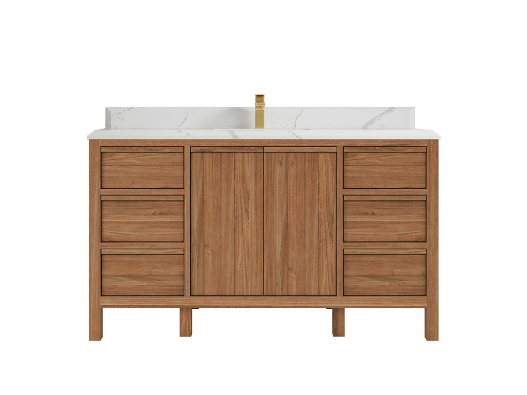 Elizabeth Teak 60 in. W x 22 in. D Single Sink Bathroom Vanity in Dark Natural with 1.5 in Double Cove Edge Calacatta Laza Quartz Countertop 