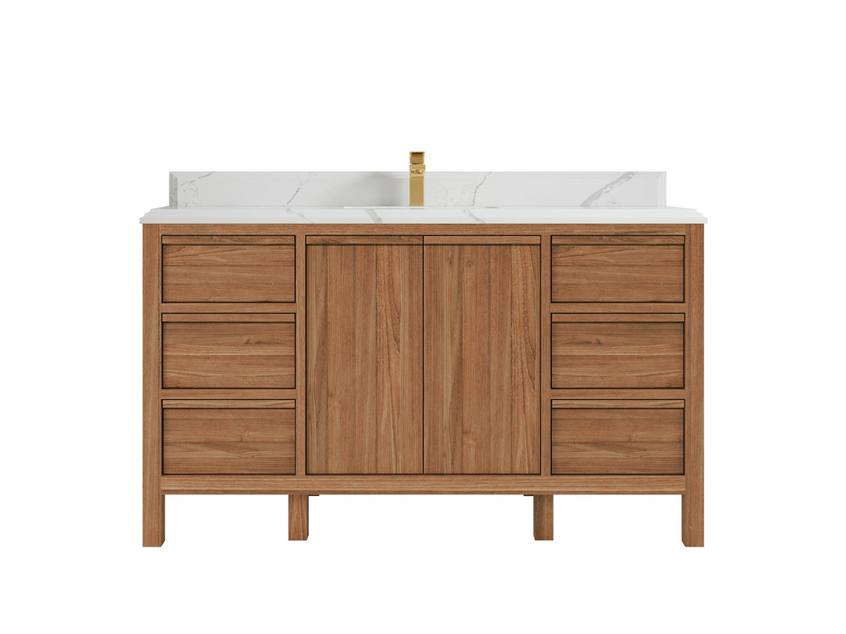 Elizabeth Teak 60 in. W x 22 in. D Single Sink Bathroom Vanity in Dark Natural with 1.5 in Double Cove Edge Calacatta Laza Quartz Countertop