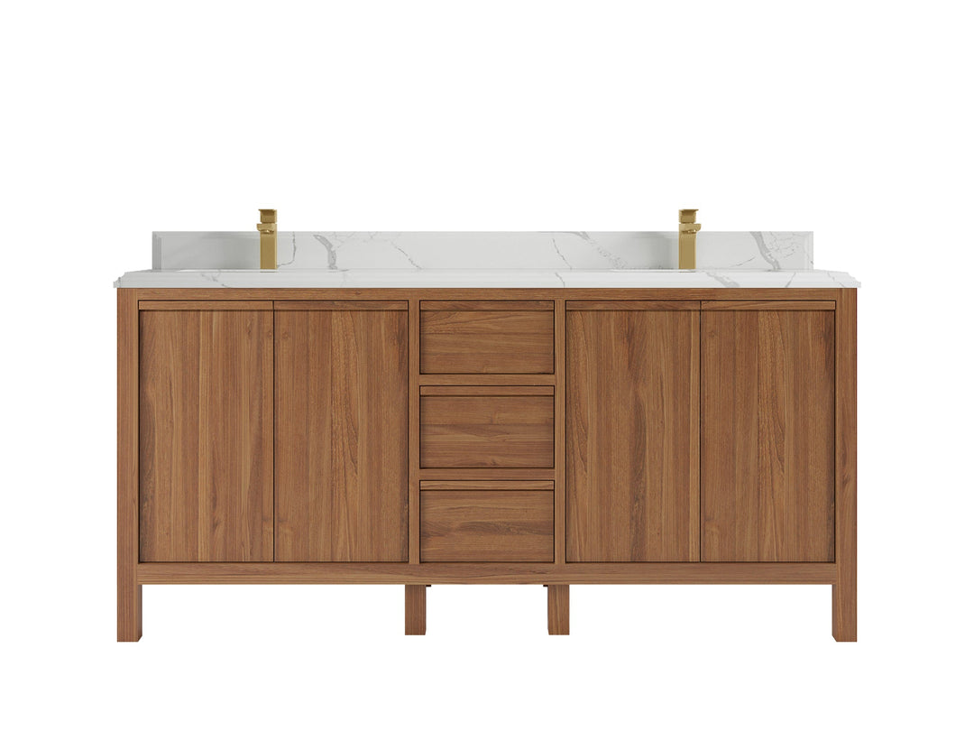 Elizabeth Teak 72 in. W x 22 in. D Double Sink Bathroom Vanity in Dark Natural with 1.5 in Double Cove Calacatta Laza Quartz Countertop
