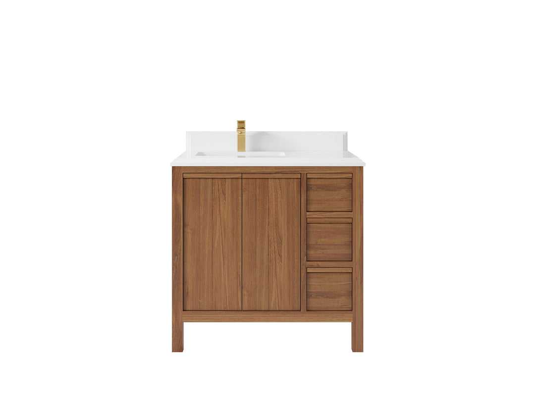 Elizabeth Teak 36 Left Offset in. W x 22 in. D Single Sink Bathroom Vanity in Dark Natural with 1.5 in Double Cove Edge White Quartz Countertop 