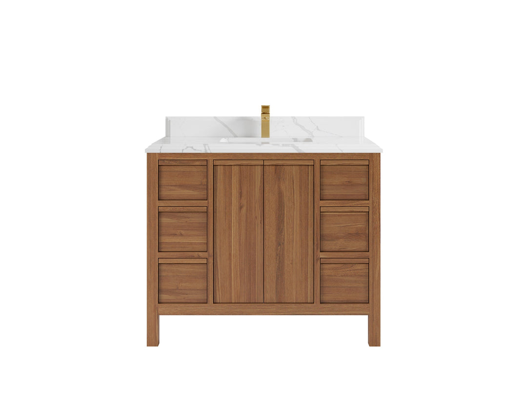 Elizabeth Teak 42 in. W x 22 in. D Single Sink Bathroom Vanity in Dark Natural with 1.5 in Double Cove Edge White Quartz Countertop 