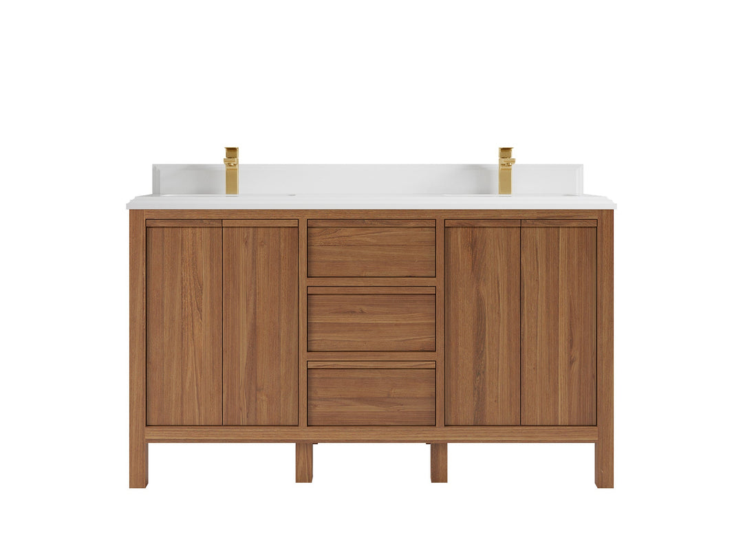 Elizabeth Teak 60 in. W x 22 in. D Double Sink Bathroom Vanity in Dark Natural with 1.5 in Double Cove Edge White Quartz Countertop 