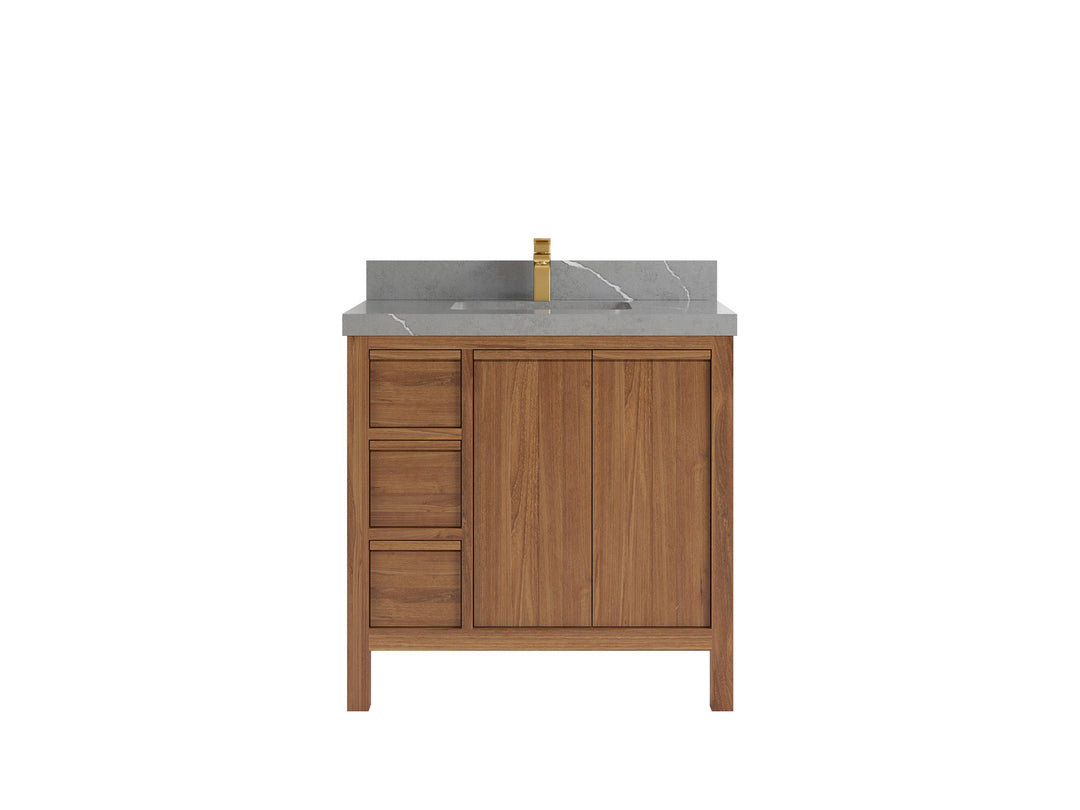 Elizabeth Teak 36 Right Offset in. W x 22 in. D Center Sink Bathroom Vanity in Dark Natural with 2 in Piatra Gray Quartz Countertop