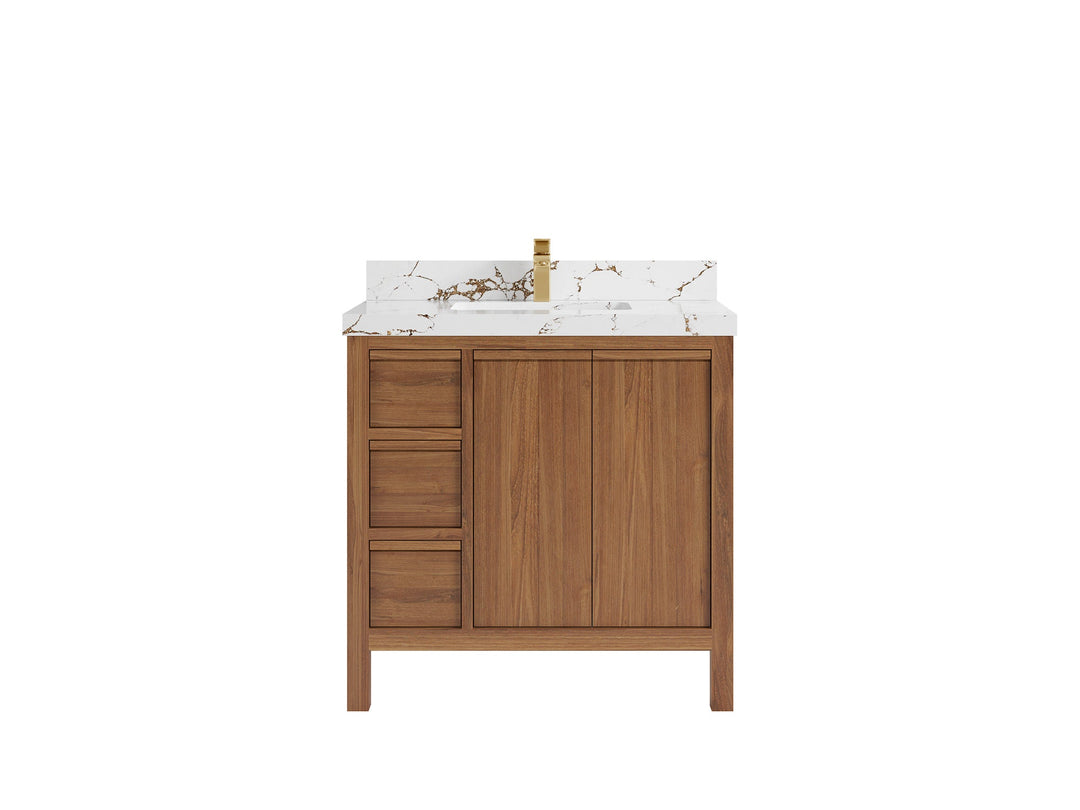 Elizabeth Teak 36 Right Offset in. W x 22 in. D Center Sink Bathroom Vanity in Dark Natural with 2 in Viola Brown Quartz Countertop