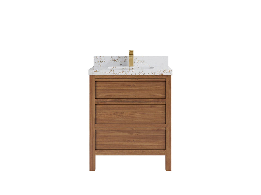 Elizabeth Teak 30 in. W x 22 in. D Single Sink Bathroom Vanity in Dark Natural with 2 in Viola Gold Quartz Countertop