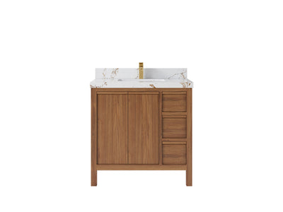 Elizabeth Teak 36 Left Offset in. W x 22 in. D Center Sink Bathroom Vanity in Dark Natural with 2 in Viola Gold Quartz Countertop