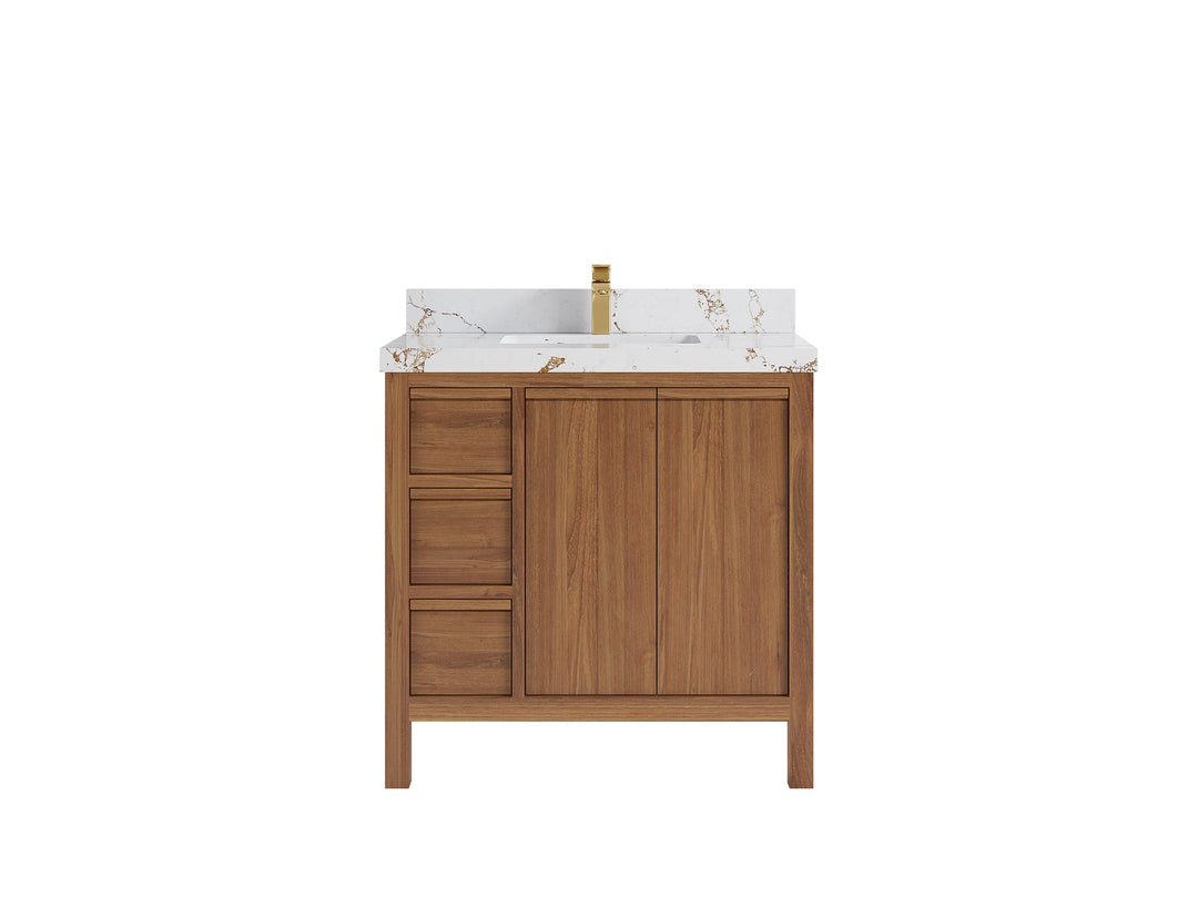 Elizabeth Teak 36 Right Offset in. W x 22 in. D Center Sink Bathroom Vanity in Dark Natural with 2 in Viola Gold Quartz Countertop