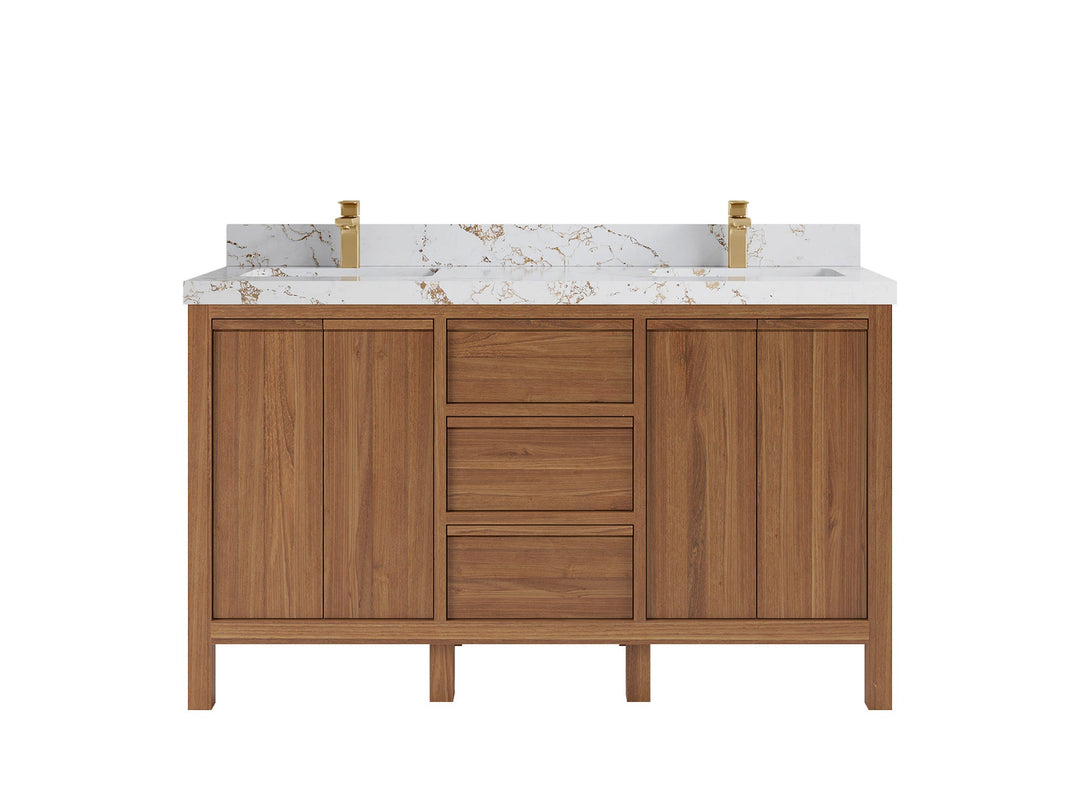 Elizabeth Teak 60 in. W x 22 in. D Double Sink Bathroom Vanity in Dark Natural with 2 in Viola Gold Quartz Countertop