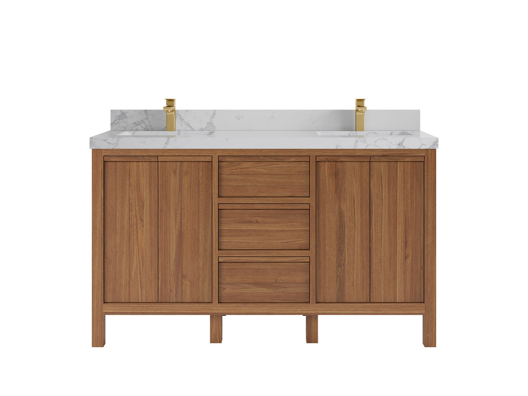 Elizabeth Teak 60 in. W x 22 in. D Double Sink Bathroom Vanity in Dark Natural with 2 in Venatino Quartz Countertop