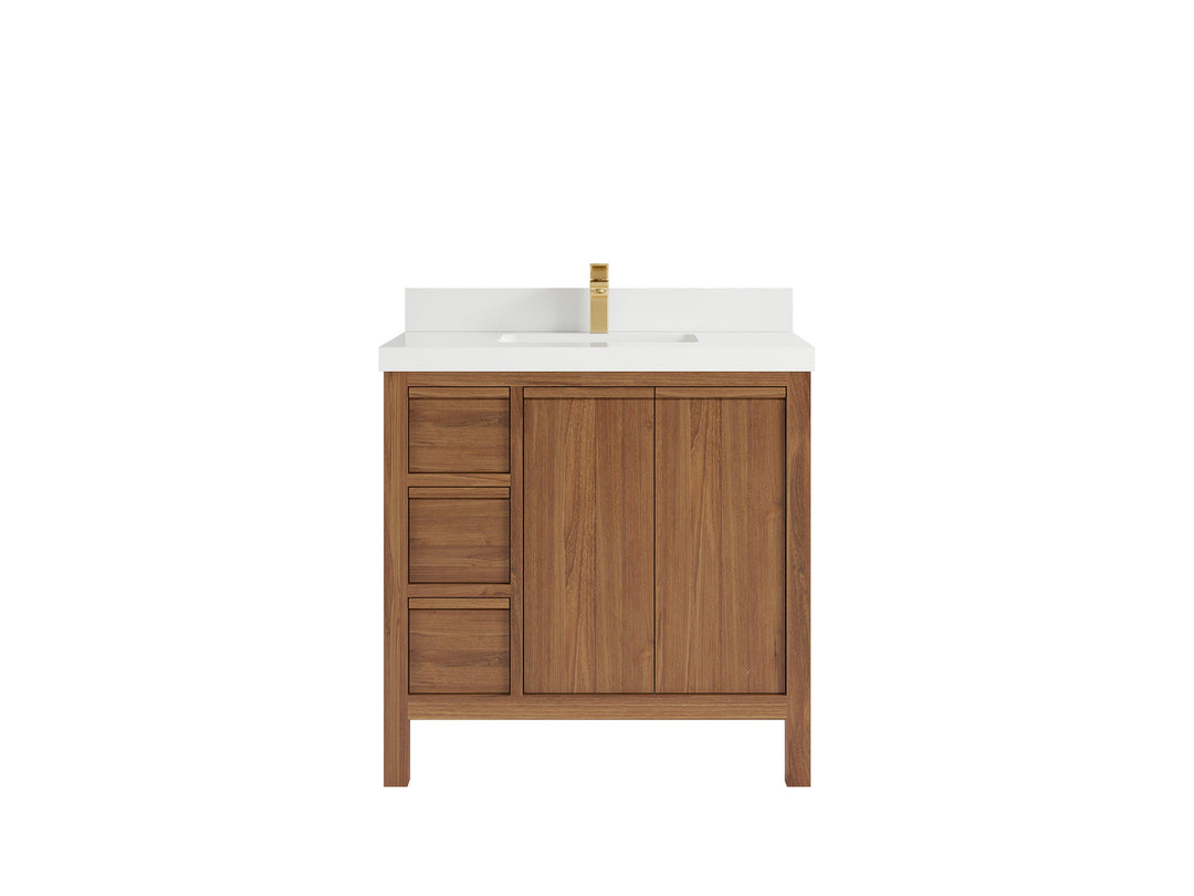 Elizabeth Teak 36 Right Offset in. W x 22 in. D Center Sink Bathroom Vanity in Dark Natural with 2 in White Quartz Countertop