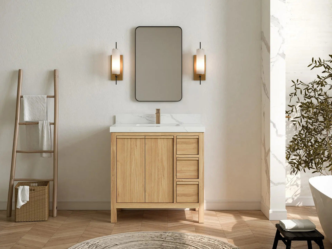 Elizabeth Teak 36 Left Offset in. W x 22 in. D Center Sink Bathroom Vanity in Light Natural with Countertop - Full View