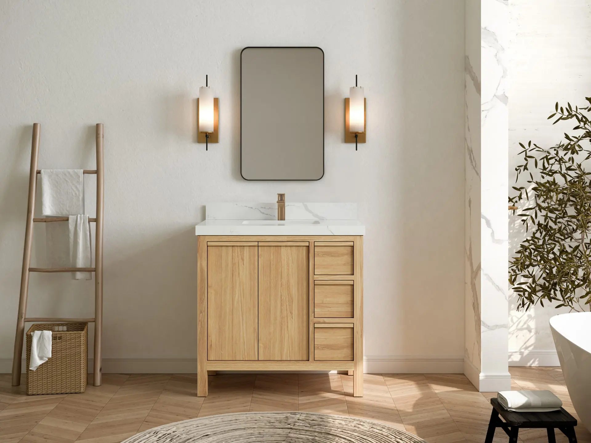 Elizabeth Teak 36 Left Offset in. W x 22 in. D Center Sink Bathroom Vanity in Light Natural with Countertop - Full View