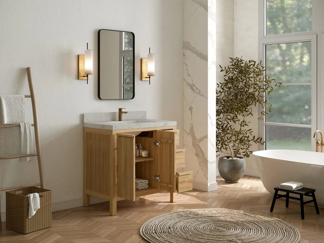 Elizabeth Teak 36 Left Offset in. W x 22 in. D Center Sink Bathroom Vanity in Light Natural with Countertop - Side View Open Drawer