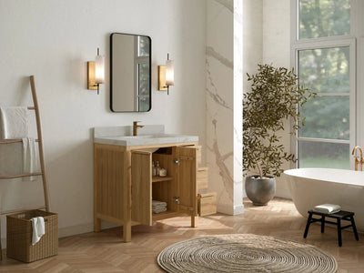 Elizabeth Teak 36 Left Offset in. W x 22 in. D Center Sink Bathroom Vanity in Light Natural with Countertop - Side View Open Drawer