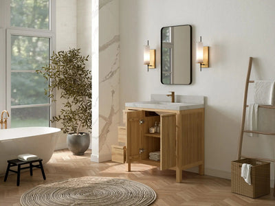 Elizabeth Teak 36 Right Offset in. W x 22 in. D Center Sink Bathroom Vanity in Light Natural with Countertop - Side View Open Drawer
