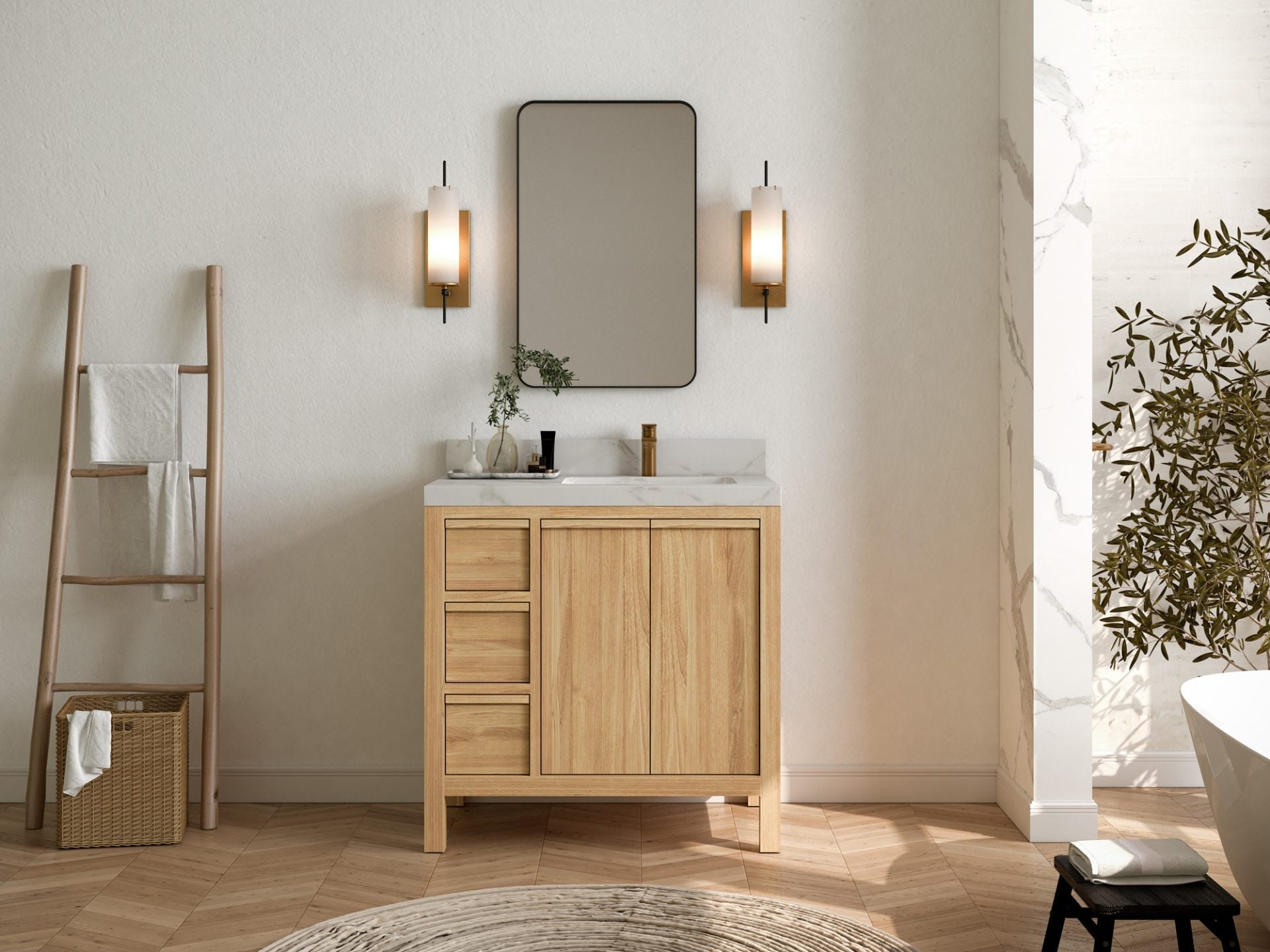 Elizabeth Teak 36 Right Offset in. W x 22 in. D Single Sink Bathroom Vanity in Light Natural with Countertop - Full View