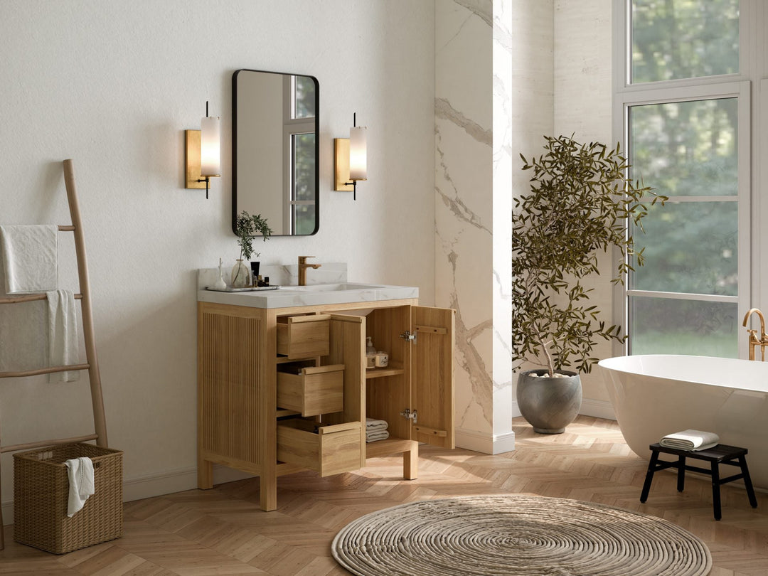 Elizabeth Teak 36 Right Offset in. W x 22 in. D Single Sink Bathroom Vanity in Light Natural with Countertop - Side View Open Drawer
