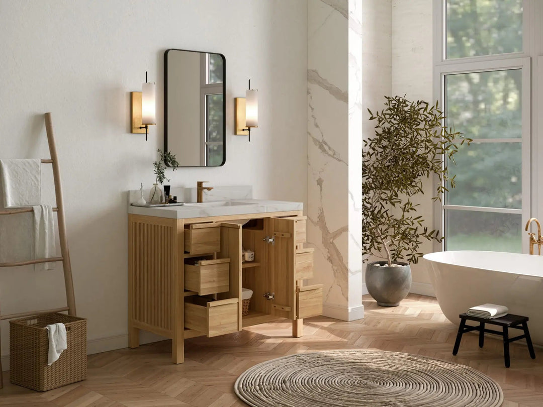 Elizabeth Teak 42 in. W x 22 in. D Single Sink Bathroom Vanity in Light Natural with Countertop - Side View Open Drawer