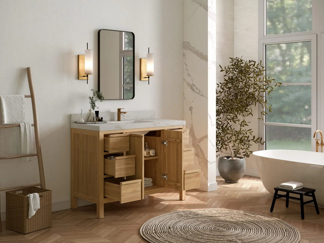 Elizabeth Teak 48 in. W x 22 in. D Single Sink Bathroom Vanity in Light Natural with Countertop - Side View Open Drawer