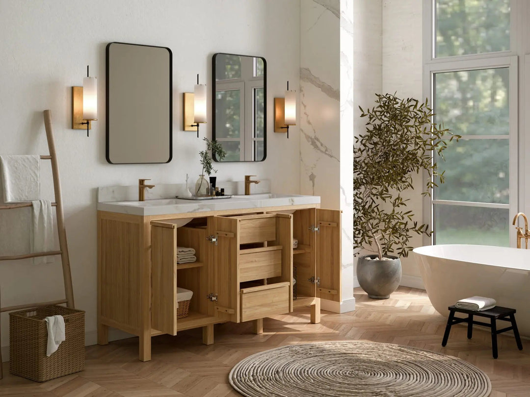 Elizabeth Teak 60 in. W x 22 in. D Double Sink Bathroom Vanity in Light Natural with Countertop - Side View Open Drawer