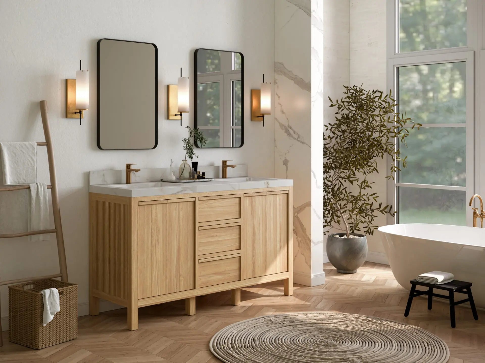 Elizabeth Teak 60 in. W x 22 in. D Double Sink Bathroom Vanity in Light Natural with Countertop - Side View