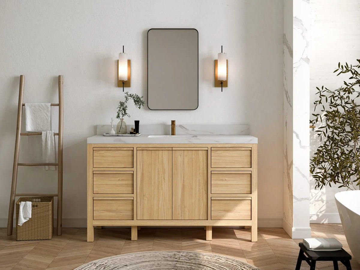 Elizabeth Teak 60 in. W x 22 in. D Single Sink Bathroom Vanity in Light Natural with Countertop - Full View