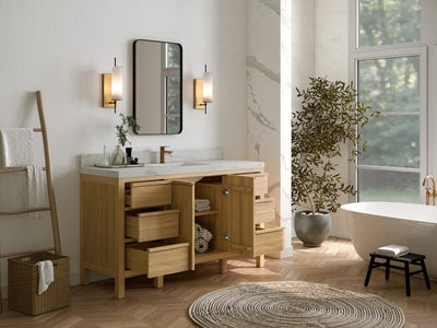 Elizabeth Teak 60 in. W x 22 in. D Single Sink Bathroom Vanity in Light Natural with Countertop - Side View Open Drawer