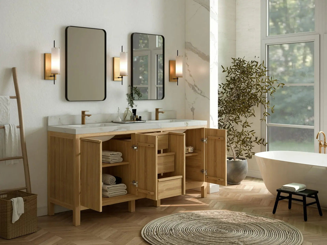 Elizabeth Teak 72 in. W x 22 in. D Double Sink Bathroom Vanity in Light Natural with Countertop - Side View Open Drawer