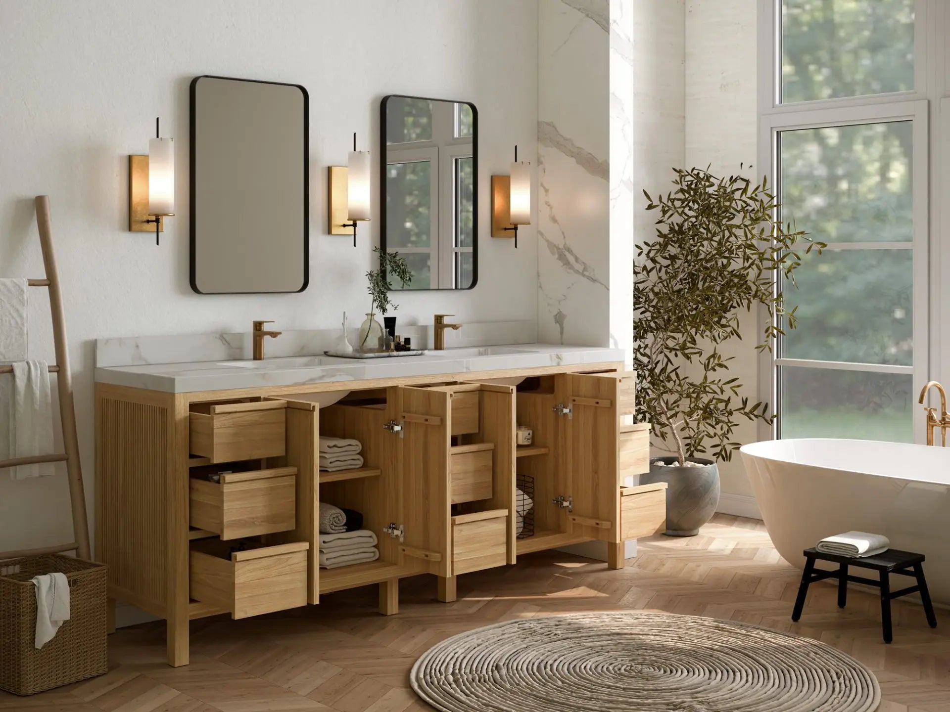 Elizabeth Teak 84 in. W x 22 in. D Double Sink Bathroom Vanity in Light Natural with Countertop - Side View Open Drawer