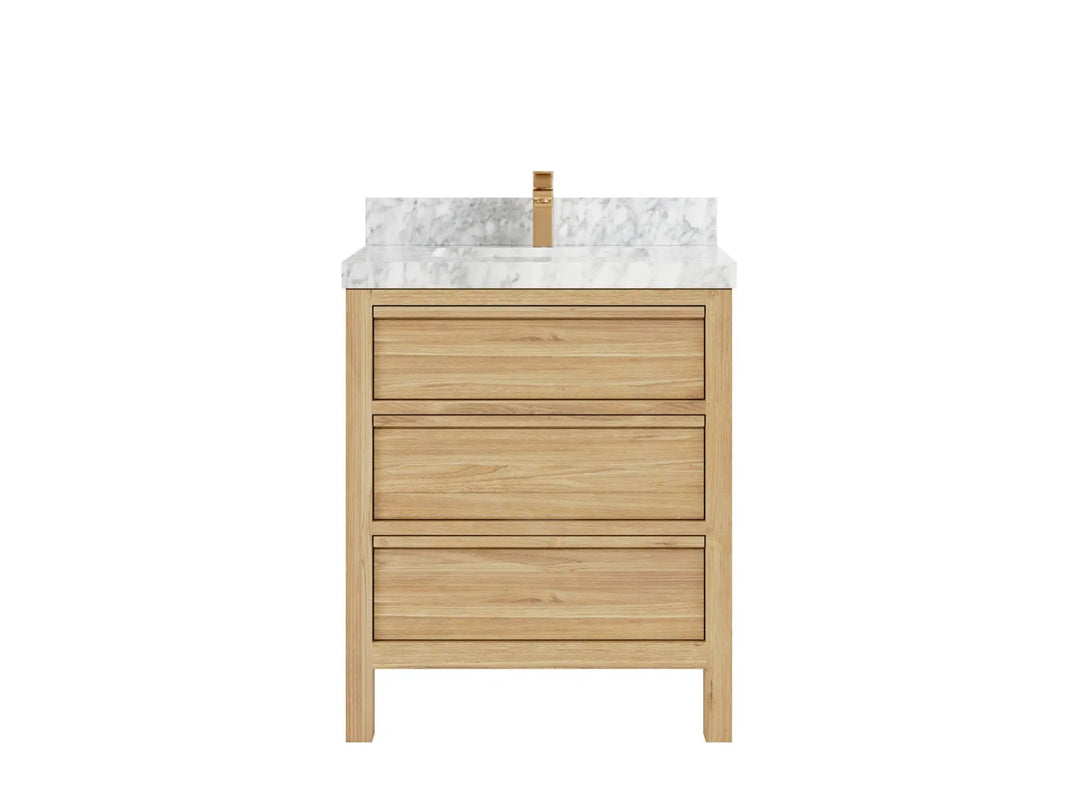 Elizabeth Teak 30 in. W x 22 in. D Single Sink Bathroom Vanity in Light Natural with 2 in Carrara Marble Countertop