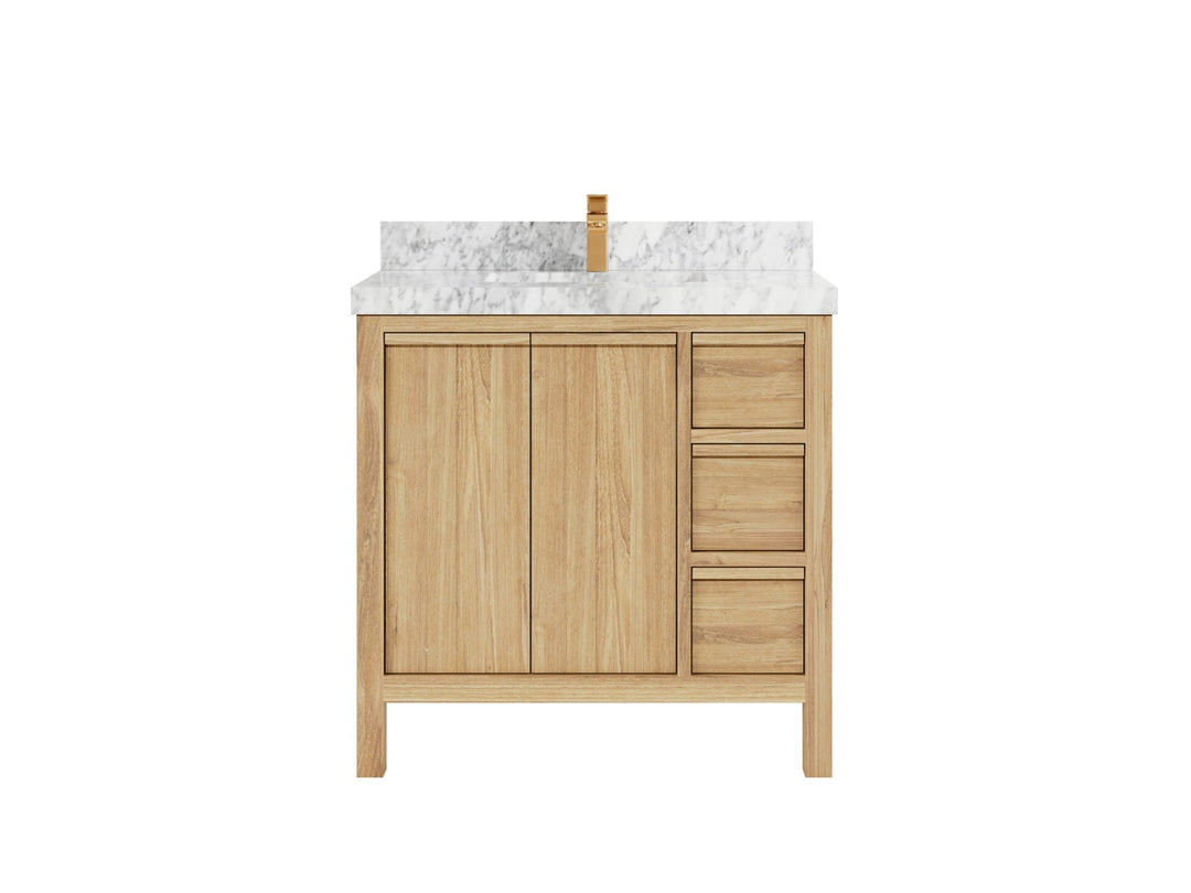 Elizabeth Teak 36 Left Offset in. W x 22 in. D Center Sink Bathroom Vanity in Light Natural with 2 in Carrara Marble Countertop