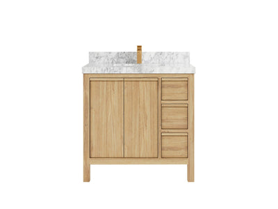 Elizabeth Teak 36 Left Offset in. W x 22 in. D Center Sink Bathroom Vanity in Light Natural with 2 in Carrara Marble Countertop