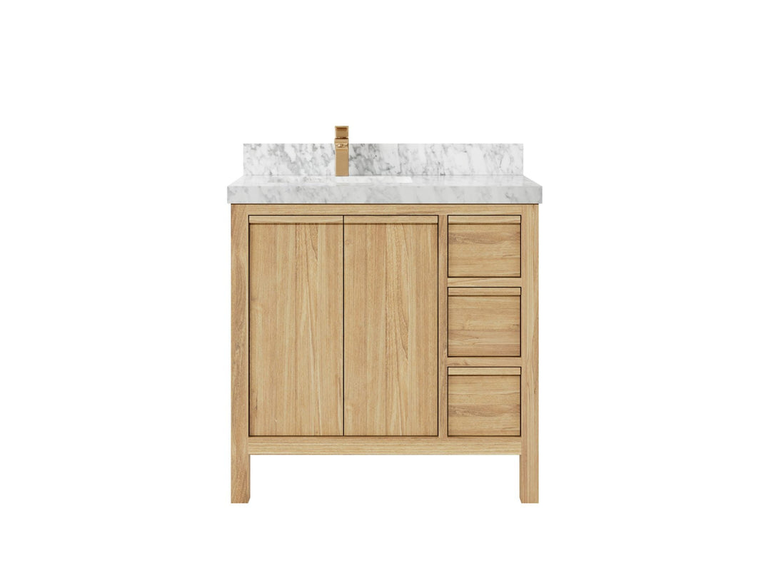 Elizabeth Teak 36 Left Offset in. W x 22 in. D Single Sink Bathroom Vanity in Light Natural with 2 in Calacatta Sienna Quartz Countertop