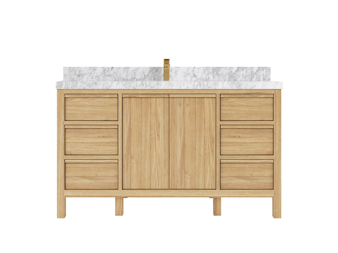 Elizabeth Teak 60 in. W x 22 in. D Single Sink Bathroom Vanity in Light Natural with 2 in Carrara Marble Countertop
