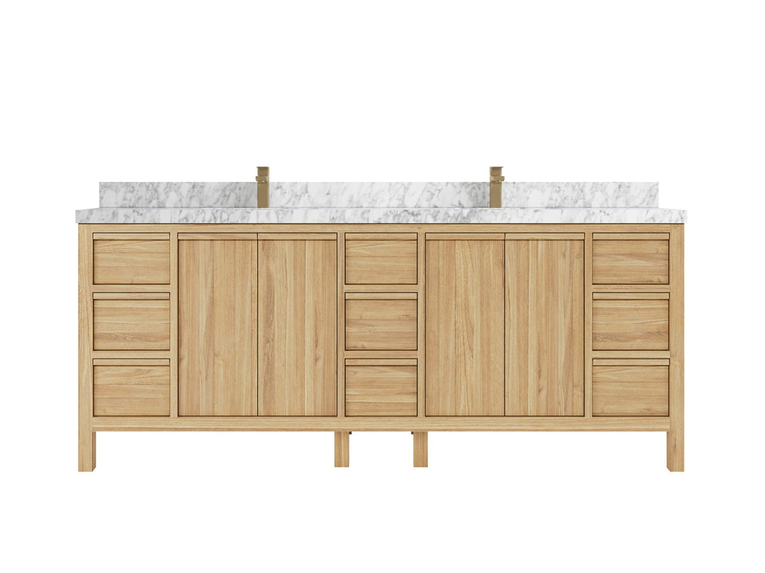 Elizabeth Teak 84 in. W x 22 in. D Double Sink Bathroom Vanity in Light Natural with 2 in Carrara Marble Countertop