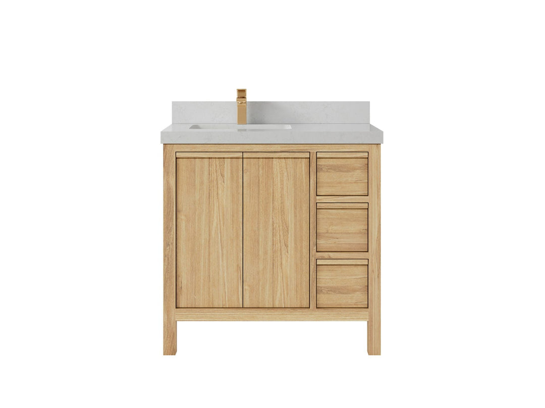 Elizabeth Teak 36 Left Offset in. W x 22 in. D Single Sink Bathroom Vanity in Light Natural with 2 in Carrara Marble Countertop