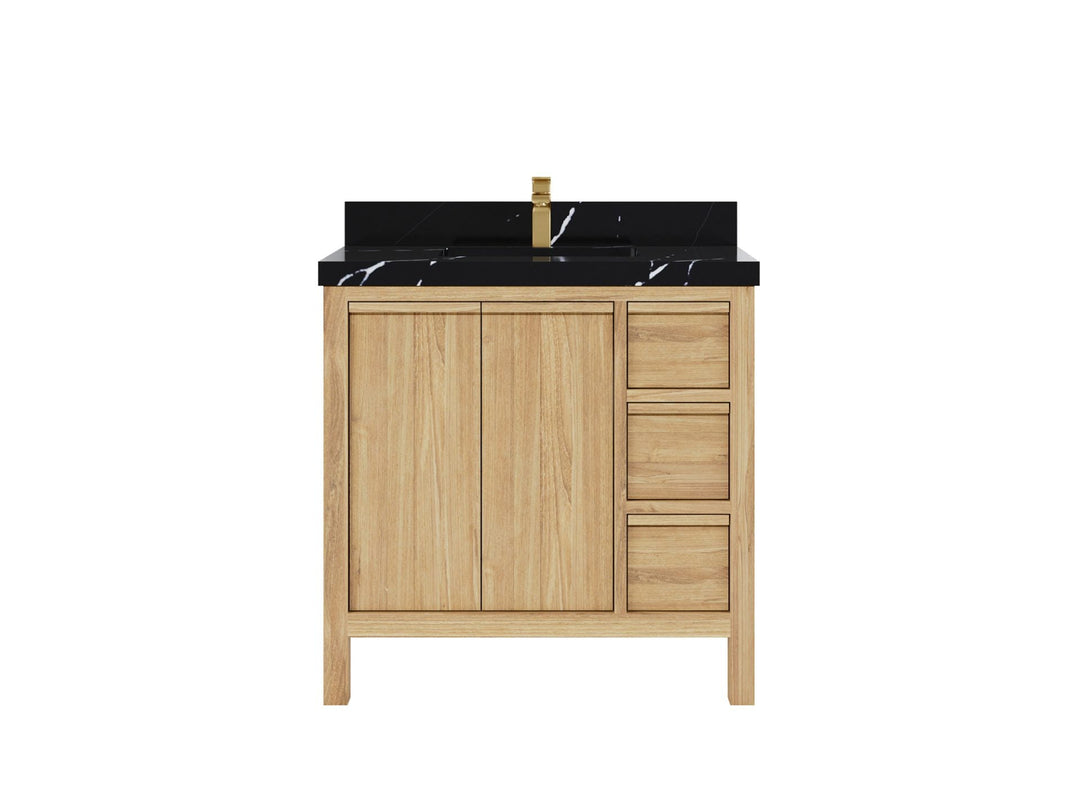 Elizabeth Teak 36 Left Offset in. W x 22 in. D Center Sink Bathroom Vanity in Light Natural with 2 in Calacatta Black Quartz Countertop