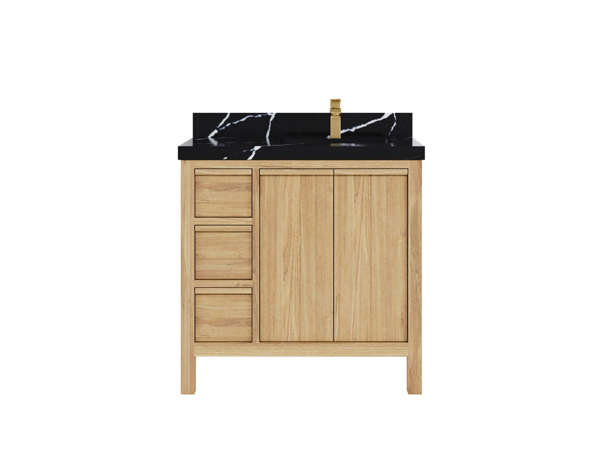 Elizabeth Teak 36 Right Offset in. W x 22 in. D Single Sink Bathroom Vanity in Light Natural with 2 in Calacatta Black Quartz Countertop