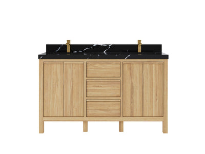 Elizabeth Teak 60 in. W x 22 in. D Double Sink Bathroom Vanity in Light Natural with 2 in Calacatta Black Quartz Countertop