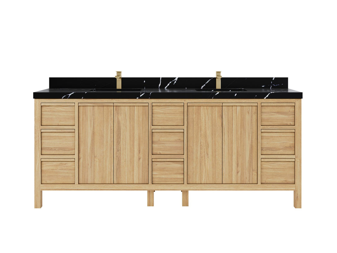 Elizabeth Teak 84 in. W x 22 in. D Double Sink Bathroom Vanity in Light Natural with 2 in Calacatta Black Quartz Countertop