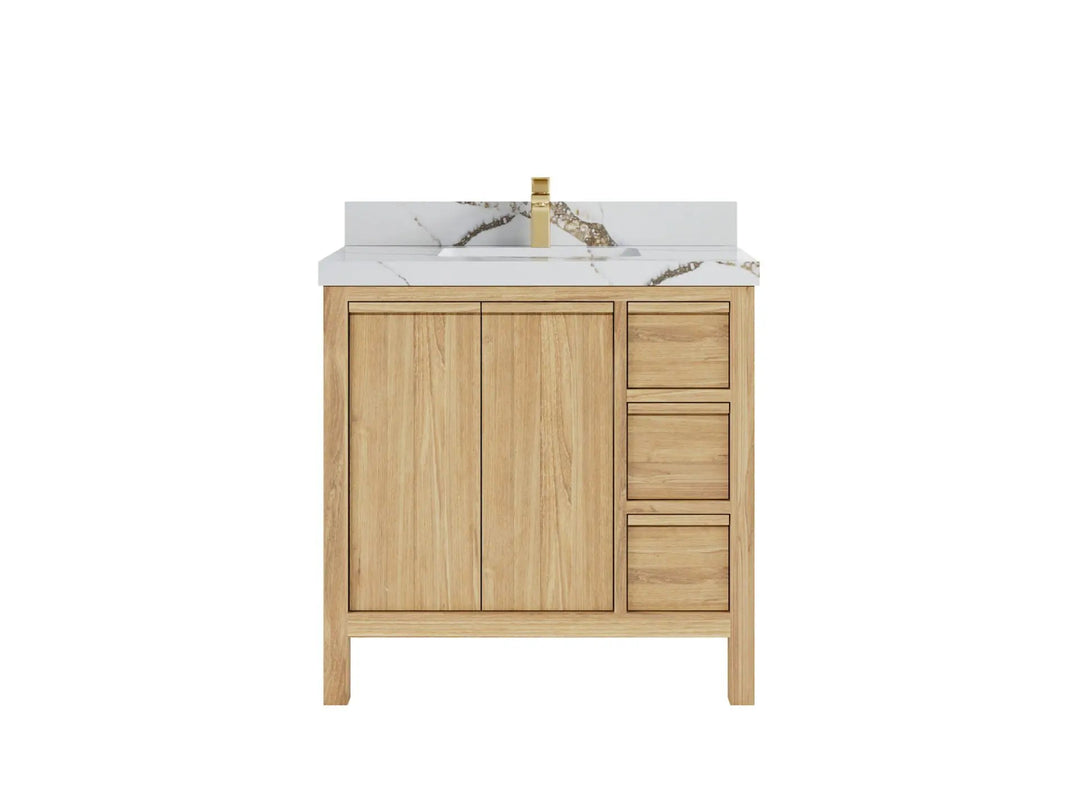 Elizabeth Teak 36 Left Offset in. W x 22 in. D Center Sink Bathroom Vanity in Light Natural with 2 in Calacatta Gold Quartz Countertop