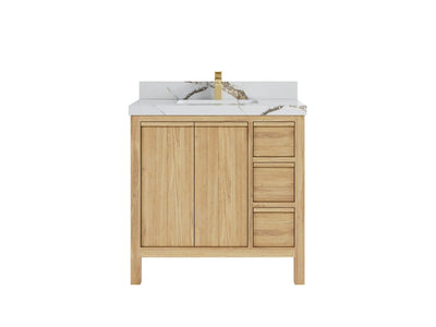 Elizabeth Teak 36 Left Offset in. W x 22 in. D Center Sink Bathroom Vanity in Light Natural with 2 in Calacatta Gold Quartz Countertop
