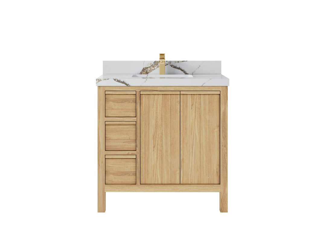 Elizabeth Teak 36 Right Offset in. W x 22 in. D Center Sink Bathroom Vanity in Light Natural with 2 in Calacatta Gold Quartz Countertop