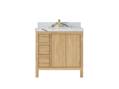 Elizabeth Teak 36 Right Offset in. W x 22 in. D Center Sink Bathroom Vanity in Light Natural with 2 in Calacatta Gold Quartz Countertop